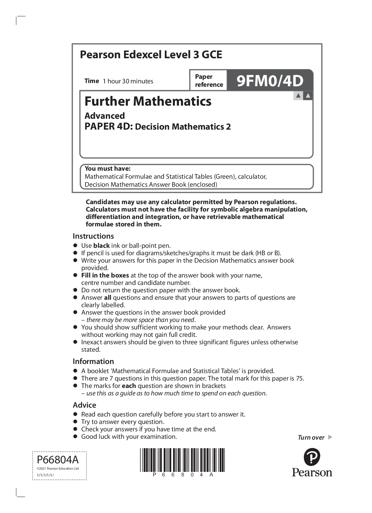 Preview image for Pearson Edexcel GCE Question Booklet + Mark Scheme (Results) November 2021 Further Mathematics Advanced Level in Further Mathematics Decision 2 Paper 9FM0/4D